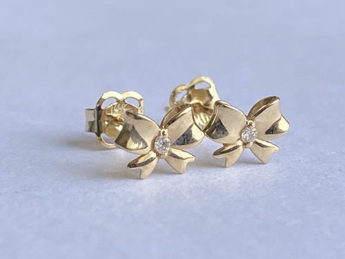 14K solid gold Bow genuine diamonds earrings, 0.05 carats - Picture 7 of 9