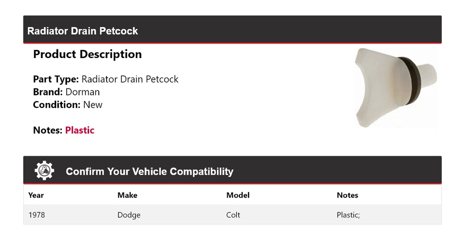 Dodge Colt Dorman 1978 llave de drenaje de radiador Foto 2 de 4