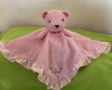 Stepping Stones Teddy Bear Flowers Pink Satin Ruffled Security Blanket Lovey