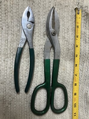 Diamond Tools 8'' Slip Joint Pliersp18P & Tin Snips DS-10 Green Cushion Grip USA