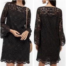 J.CREW Dress Shift Black Cotton Eyelet Womens Size 6 Bell Sleeve Dressy Classic