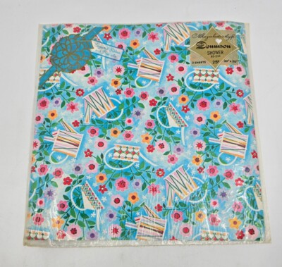 VTG Retro Dennison Gift Wrap Wrapping Paper Shower Watering Cans Garden Floral