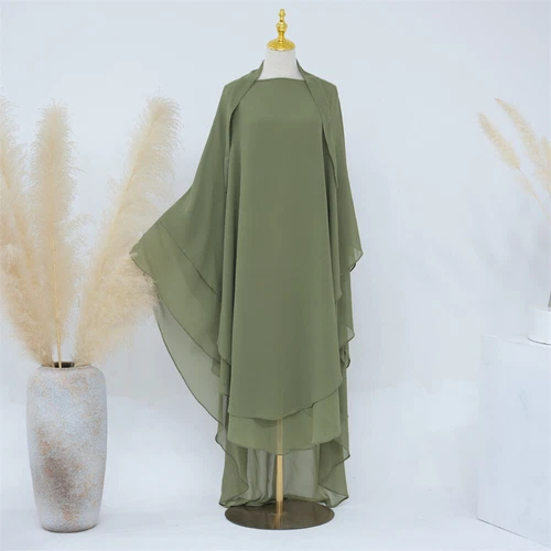 Two Layers Muslim Ramadan Women Large Khimar Hijab Niqab Burqa Tops Kaftan Dress