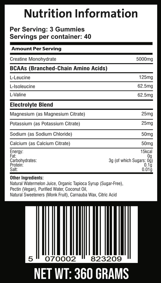 Creatine Gummies 5000mg with BCAA & Electrolytes 5G Watermelon Flavour 120 Count - Image 3 of 3