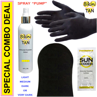 BIKINI TAN  Sunless Self Tanning Spray (Pump) 8 oz + Mitt, Gloves & Best Tanner*