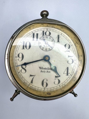 1920 Westclox Baby Ben Peg Leg Alarm Clock 20th Century Antique Nickel Finish. - Afbeelding 5 van 11