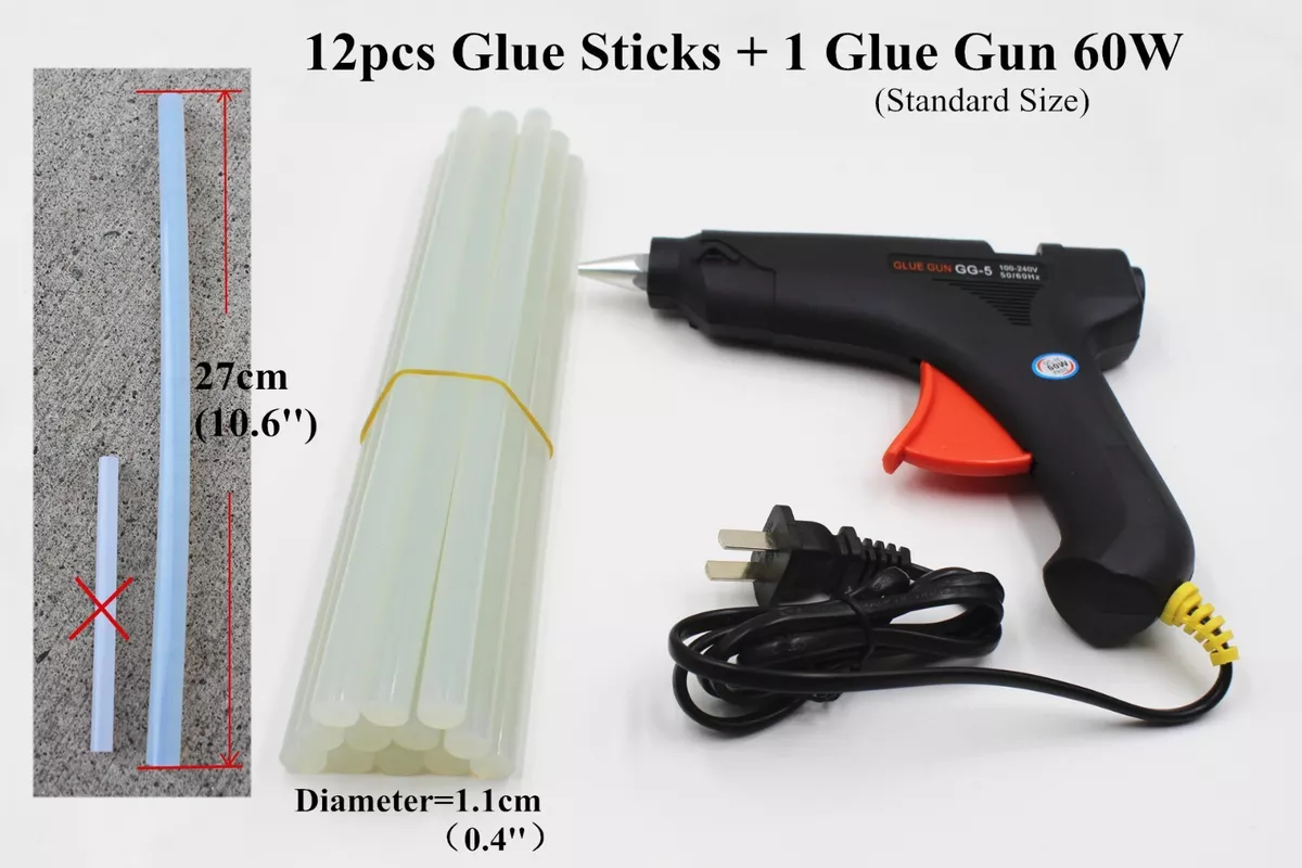 Hot Melt Glue Gun 60W Standard Full Size Black + 12 Pcs Glue Clear Stickers