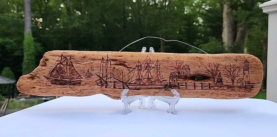 Arte de pared náutico firmado vintage de madera a la deriva de leña faro de velero océano Foto 2 de 4