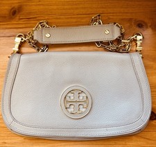 Tory Burch Amanda Logo Gray Crossbody Clutch Gold Chain Flap Magnetic Closure