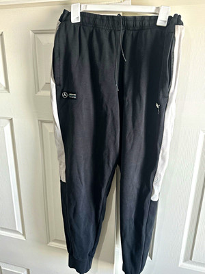 PUMA Men s Black/White Jogger Pants Size L Polyester Knit Drawstring Tapered