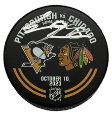 CONNOR BEDARD CHICAGO BLACKHAWKS SIGNED PUCK NHL DEBUT WARM UP FANATICS COA