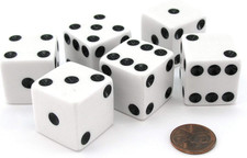 Set of 6 D6 25mm Large Opaque Jumbo Dice - White with Black Pip by