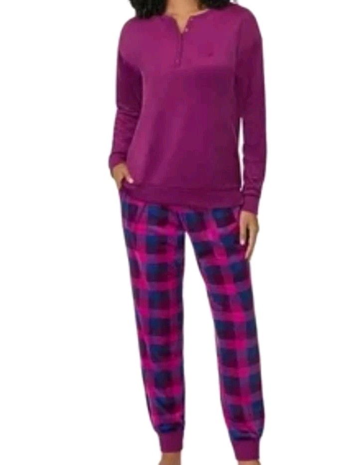 Nautica Women's 2 Piece Fleece Purple Plaid Pajama Sleepwear Set Women's XXL