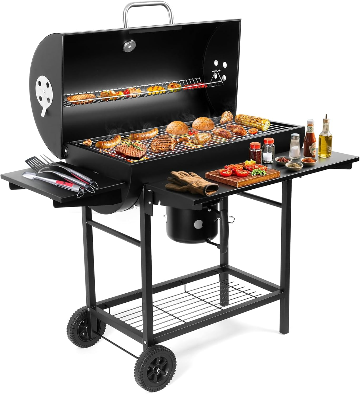 Charcoal BBQ Grill Large Outdoor Smoker Thermometer Warming Rack Portable