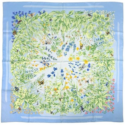 Hermès La Prairie Grassland Silk Scarf Light Blue Multicolor 35x34in Excellent