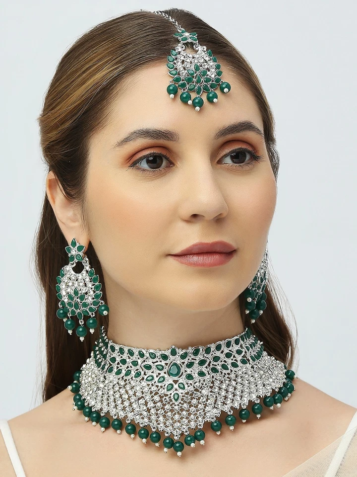 Indian Bollywood Bridal Silver Plated Jewelry Rhinestone & Pearl Necklace Set - Image 4 of 4