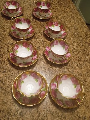 VTG  8  Royal Albert Old English Rose Teacup & Saucer Gold Pink White Bone 16 pc