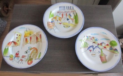 Provence Hand Painted Earthenware Scenic Salad/Dessert/Cheese Plates Set of 3