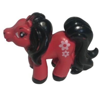 Vintage My Little Pony Minature Figure 1'' Red With Black Mane & Flower Design