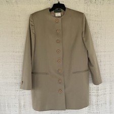 Harve Benard by Benard Holtzman Beige Collarless 100 Wool Long Blazer Size 12