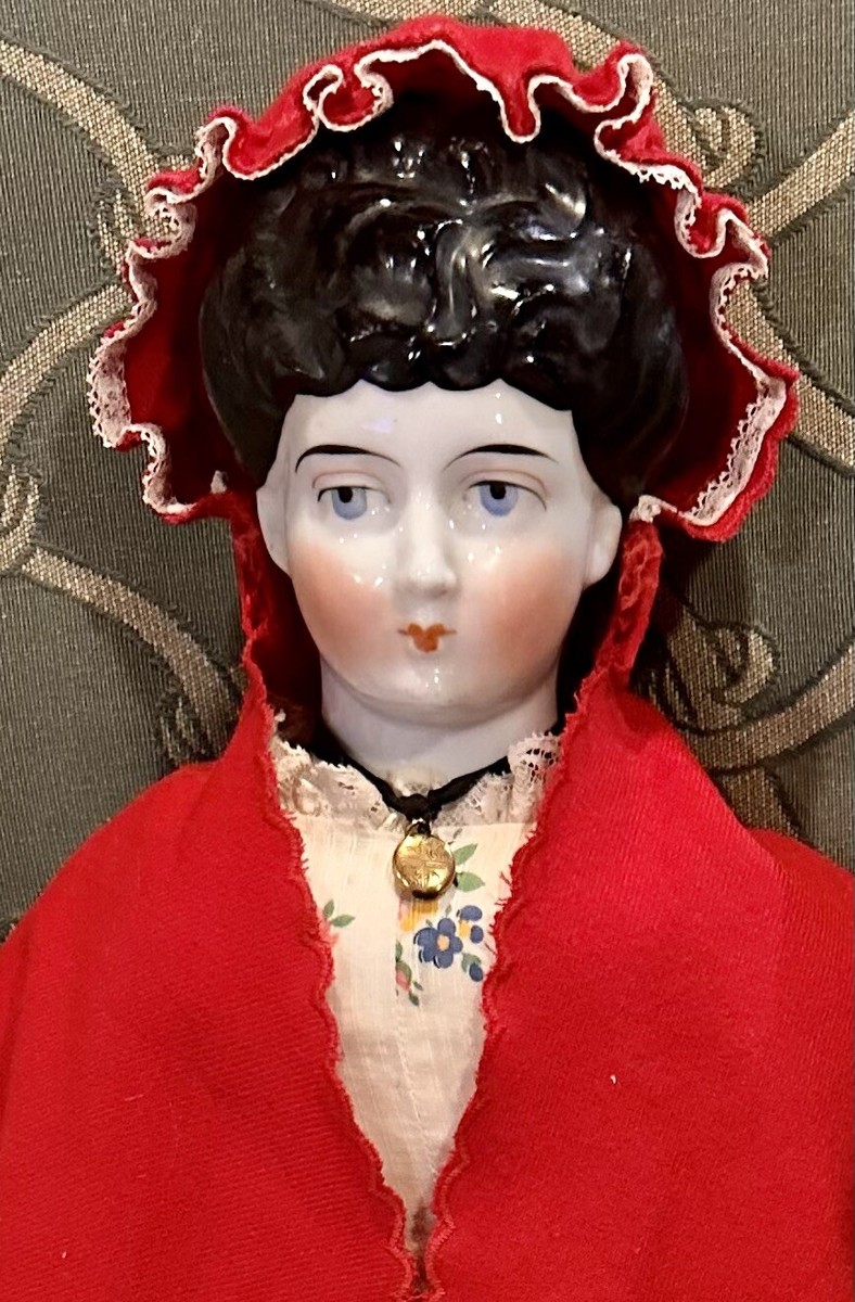 * vintage doll's head ୨୧ ブロンスの髪チャイナヘッドさん 1860 Civil War Era China Head Doll, Very Rare Hairstyle 20” With