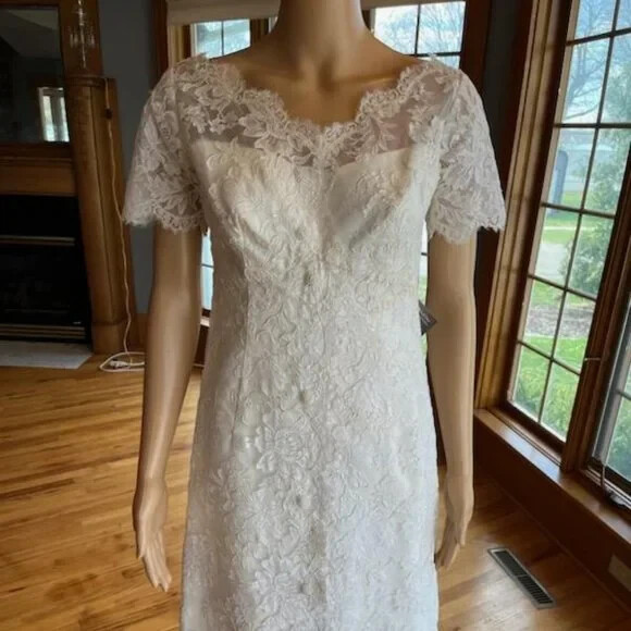 ivory lace knee length wedding dress Vintage Short Sleeve Gown Bridal Size 2 4 Product ID:AD3D105469_AH520_M