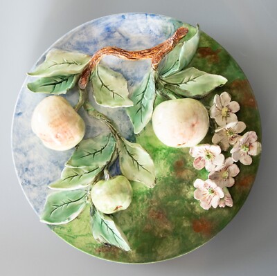 19th C. French Longchamp Majolica Apples Palissy Wall Plate Charger Platter 13''