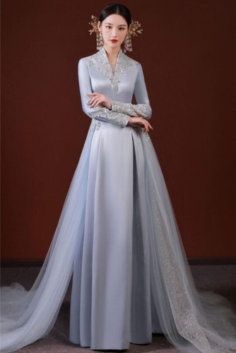 Luxury V Neck Long Sleeve Embroidery Sequins Tulle Long Train Gown Evening Dress - Picture 8 of 12