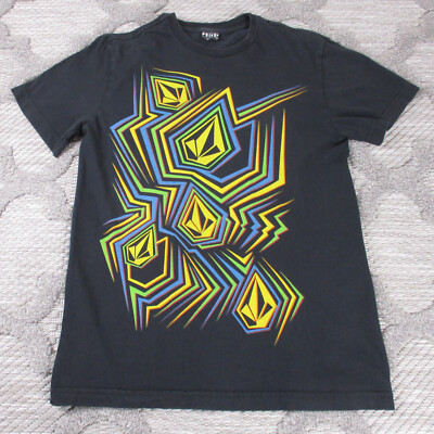 Vintage Volcom Shirt Mens Small Black Logo Trippy Electric Vibes Short Sleeve