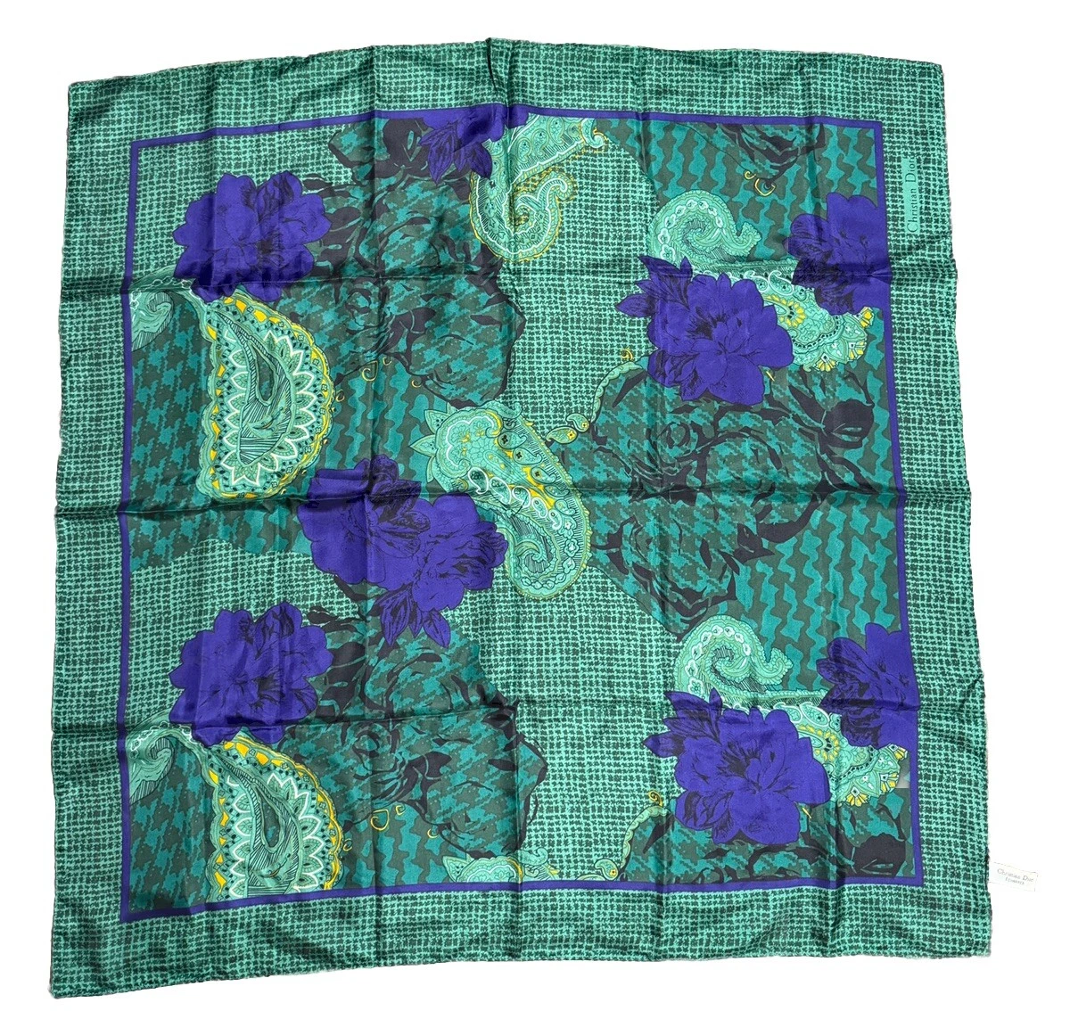 Foulard carré Christian Dior 100% soie vert violet floral géométrique 30x30