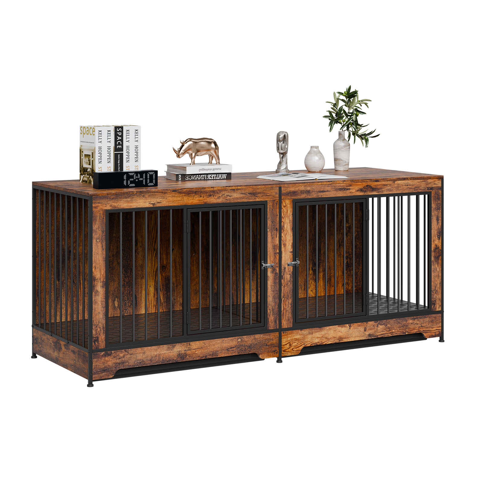 Dog Crate Furniture 75 in Indoor Wooden Dog Kennel with Divider and Tray