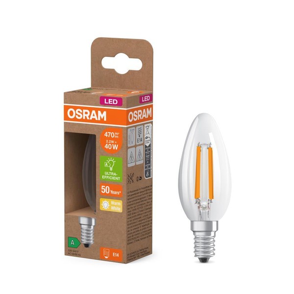 Osram E14 Led Kerzenlampe Classic Besonders Effizient Klar 2,2W Wie 40W 2700K-image