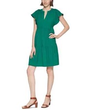 Calvin Klein Flutter-Sleeve Women Green V Neck Waist Tie Knee Length Dress Sz 10