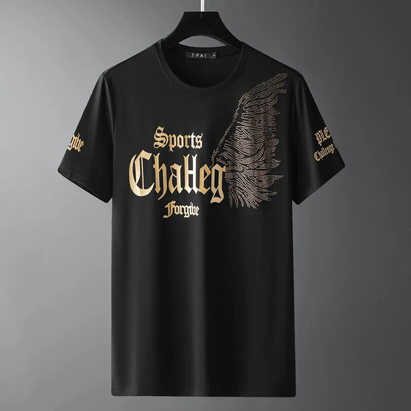 Nueva Moda Alas de Diamante Estrás Manga Corta Lujo Hombres Camiseta Negra