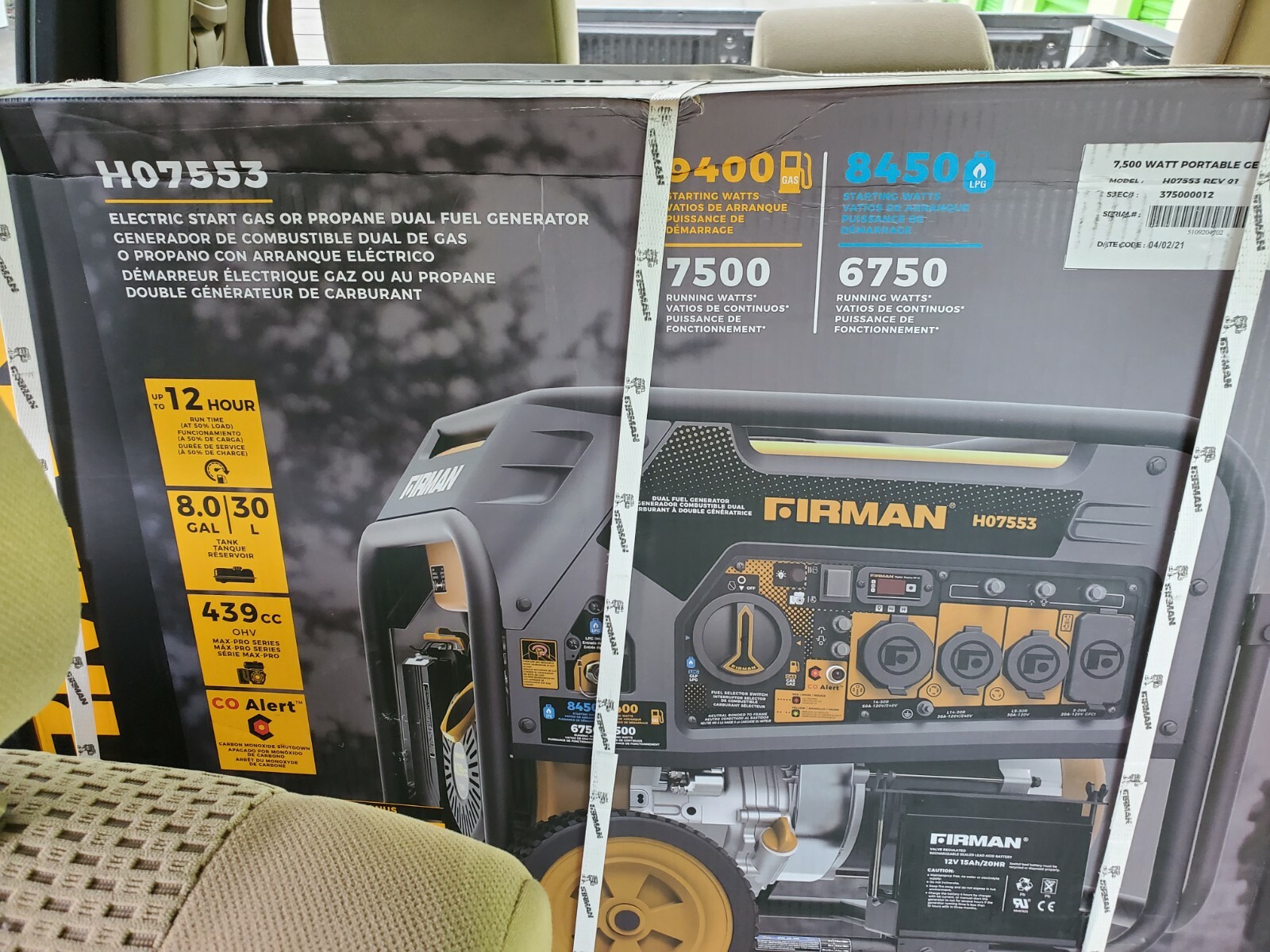 Firman 7500W Running / 9400W Peak Gas/Propane Generator (check for