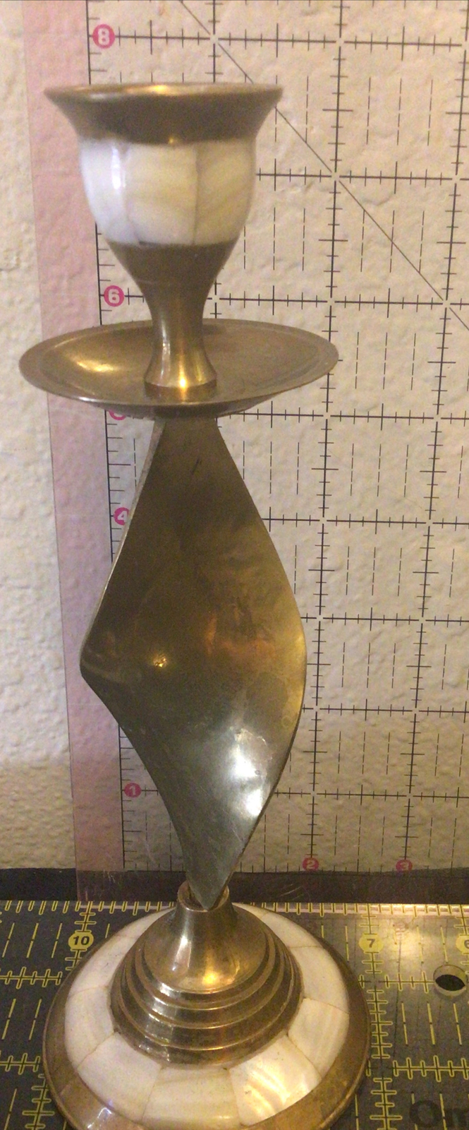 Vintage Brass Candlestick Candle Holder with Mother of Pearl Inlay