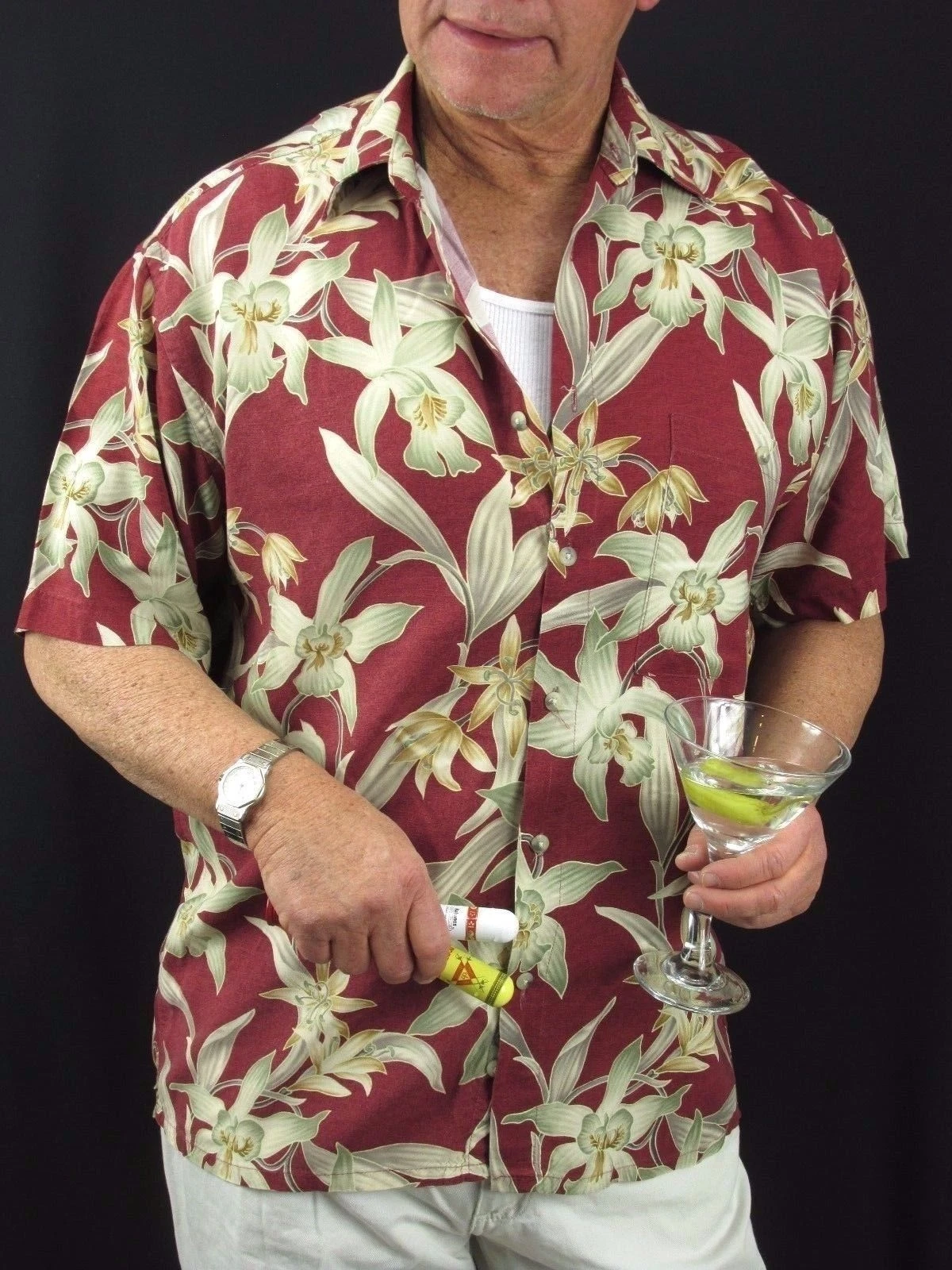 Hawaiian Aloha Shirt Campia Moda Maroon Orchids Rayon Vintage Men's M H4