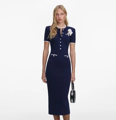 Self Portrait NAVY CROCHET FLOWER KNIT MIDI DRESS $650 Size M