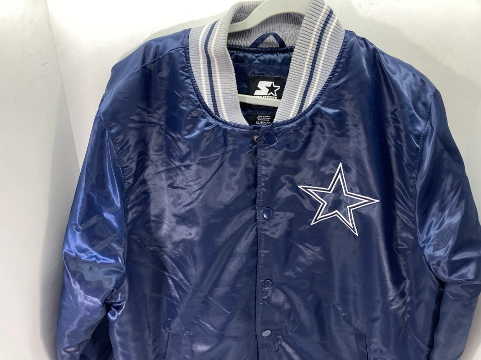 Chaqueta de bombardero de satén Dallas Cowboy Starter para hombre talla XL azul acolchada a presión NFL Foto 2 de 4