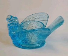 Bird & Berry Parrot Macaw Open Salt Tealight Blue Degenhart Pressed Glass 