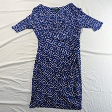 Ralph Lauren 12P Womens Faux Wrap Ruched Blue & White Dress geometric Cruise