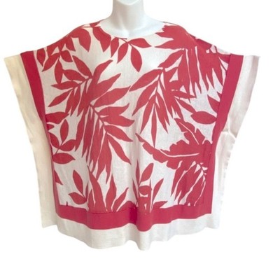 Marla Wynne Layers Poncho Linen Cotton Blend Coral White Leaf Pattern NWT 1XL