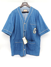 Gucci Washed Denim Blue Baseball Short Sleeve Shirt Overshirt Size 50 Large 2892
