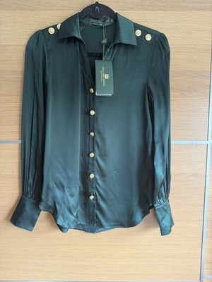 Holland Cooper 6 Emerald Green 100% Silk V Neck Blouse Gold Button Long Sleeve