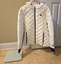 Tommy Hilfiger Women  s White Quilted Hooded Puffer Jacket Full Zip Size L