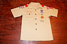 Boy Scouts of America BSA Youth Shirt Tan Large Sewn Patches Short Sleeve