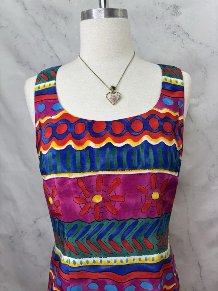 Vestido Vintage Años 90 Funda Estampado Floral Colorido Hippy Talla 8 M Abstracto Motivo Artístico Foto 3 de 4