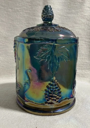 Vintage Indiana Glass Harvest Grape Blue/Green Carnival Glass Candy Jar W/ Lid