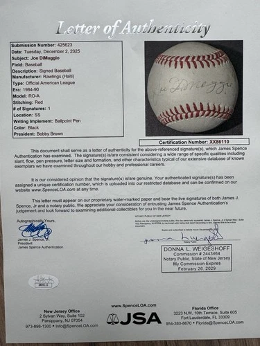 Joe DiMaggio Signed Autographed American League Baseball Ball JSA LOA
