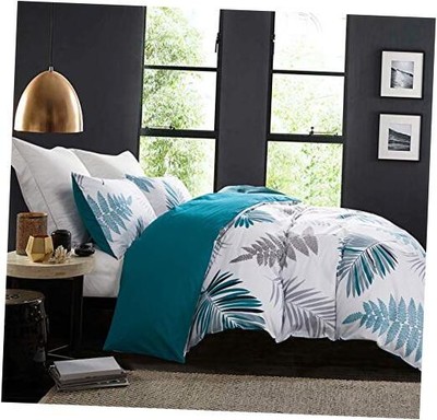  Duvet Cover Set, 600 Thread Count Cotton Leaf Queen Peacock Blue-leaf
